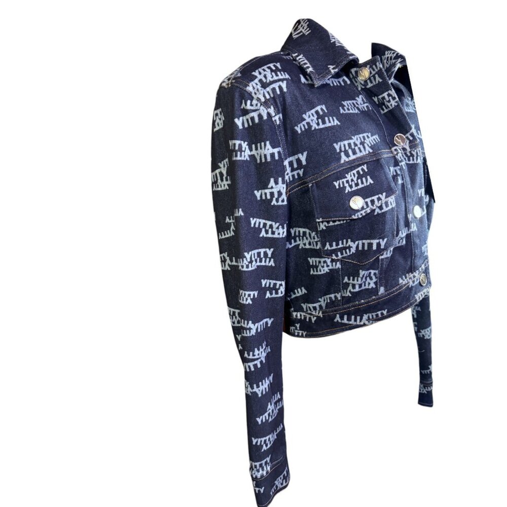 Yitty Womens Cropped Denim Jacket With Allover Logo Print & Button Front - Picture 3 of 12